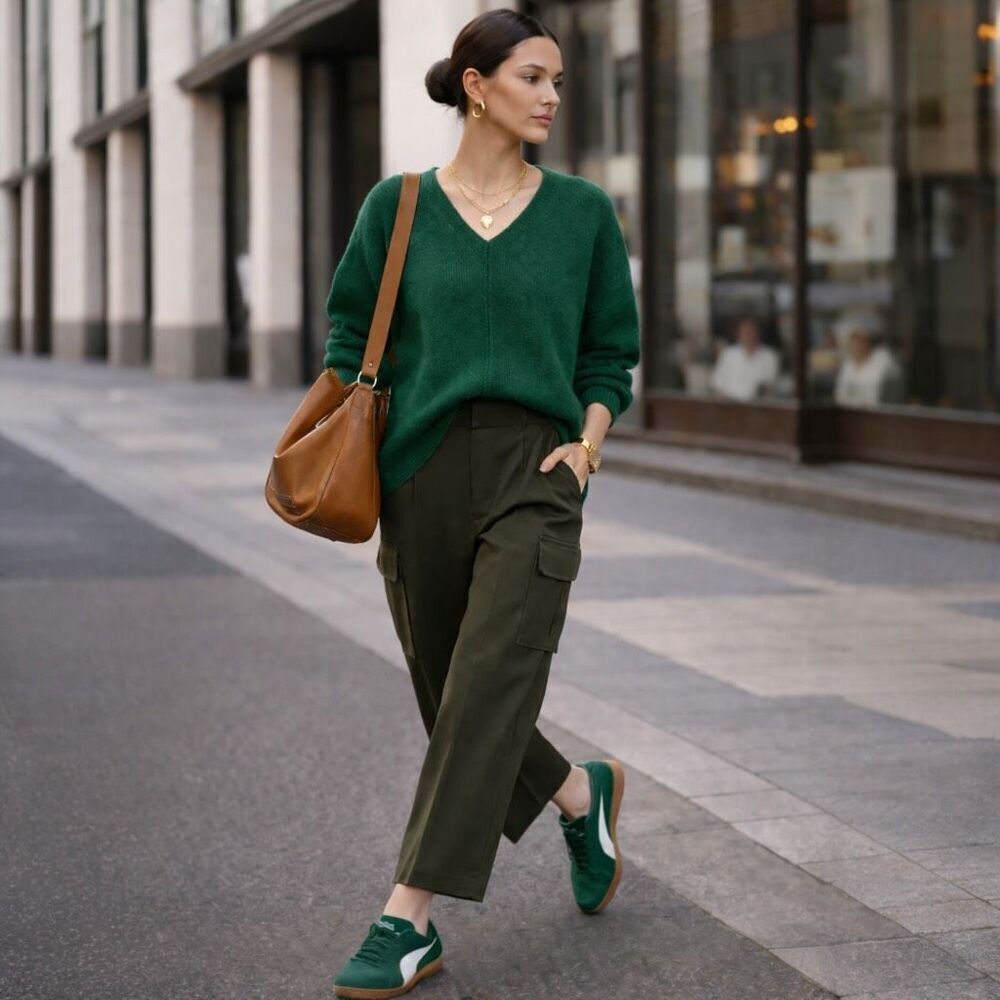 Vince Camuto V-Neck Cozy Knit Sweater Large Green Drop Shoulder